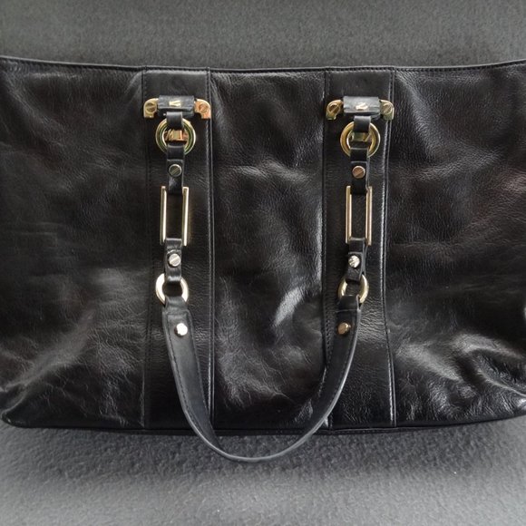 Tory Burch Black Leather T Tote Gold Bag Purse - Picture 2 of 8